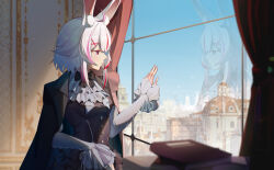 Rule 34 | 1girl, absurdres, ahoge, alternate costume, animal ear fluff, animal ears, architecture, bird, black bow, black bowtie, black cape, black dress, blue sky, book, bow, bowtie, breasts, cape, chinese commentary, cityscape, collared cape, commentary request, curtains, day, dress, european architecture, facing to the side, formal, frilled dress, frilled sleeves, frills, from side, hair ornament, half-closed eyes, hand on window, highres, impossible clothes, impossible dress, indoors, ascot, lace-up sleeves, light particles, looking afar, looking outside, multicolored hair, parted lips, pink hair, rabbit ears, rabbit girl, red eyes, red hair, reflection, second-party source, shade, sidelocks, sky, small breasts, streaked hair, sumeragi pal, virtual youtuber, wactor production, white hair, white sleeves, window, x hair ornament, yangyi330