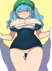 Rule 34 | 1girl, bad id, bad pixiv id, blue eyes, blue hair, blush, breasts, cleft of venus, clothes pull, female focus, hair bobbles, hair ornament, hat, huge breasts, kawashiro nitori, kedamono kangoku-tou, matching hair/eyes, nipples, one-piece swimsuit, one-piece swimsuit pull, open towel, pussy, school swimsuit, solo, swimsuit, tetete, touhou, towel, twintails, two side up, uncensored, wardrobe malfunction, wet
