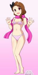 Rule 34 | 1girl, bare arms, bare shoulders, bikini, breasts, brown hair, full body, hair ribbon, hairband, highres, idolmaster, idolmaster (classic), long hair, minase iori, open mouth, pink eyes, ribbon, simple background, small breasts, smile, solo, standing, stomach, striped bikini, striped clothes, swimsuit, yasuhito
