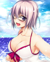 Rule 34 | 1girl, ;d, armpits, bare shoulders, beach, black-framed eyewear, blush, breasts, cleavage, collarbone, day, dress, fate (series), from side, large breasts, light purple hair, looking at viewer, looking to the side, mash kyrielight, mash kyrielight (swimsuit of perpetual summer), miyashiro sousuke, official alternate costume, one eye closed, open mouth, outdoors, purple eyes, short hair, smile, solo, sundress, upper body, white dress