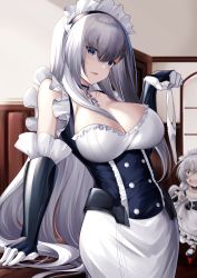 Rule 34 | 2girls, absurdres, arm support, azur lane, belfast (azur lane), blue eyes, breasts, chain, choker, cleavage, collarbone, elbow gloves, frills, gloves, hairband, highres, holding, holding clothes, holding panties, holding underwear, large breasts, little bel (azur lane), long hair, maid, maid headdress, mary janes, multiple girls, open mouth, panties, unworn panties, shoes, silver hair, underwear, very long hair, wide-eyed, yan lie