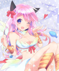 Rule 34 | 1girl, :d, animal ears, bangle, bikini, blush, bow, bracelet, bracer, breasts, cat ears, cleavage, commentary request, eon (greencastle), feathered wings, feet out of frame, fish, hair bow, heart, jewelry, long hair, looking at viewer, medium breasts, one eye closed, open mouth, pink hair, purple eyes, ragnarok online, red bow, smile, solo, swimsuit, wanderer (ragnarok online), white bikini, white wings, wings