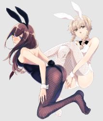 Rule 34 | 2girls, alternate costume, amane suzuha, animal ears, ass, backless dress, backless outfit, bad id, bad pixiv id, bare shoulders, blue eyes, blush, bow, bowtie, braid, breasts, brown hair, detached collar, dress, embarrassed, fake animal ears, fishnet pantyhose, fishnets, full body, green eyes, grey background, highres, crossed legs, light brown hair, long hair, looking at viewer, makise kurisu, medium breasts, multiple girls, open mouth, own hands together, pantyhose, playboy bunny, rabbit ears, rabbit tail, sideboob, simple background, smile, steins;gate, sweatdrop, tail, tokiji, twin braids, wavy mouth, wrist cuffs