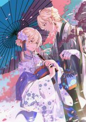 Rule 34 | 1boy, 1girl, absurdres, aether (genshin impact), ahoge, blonde hair, brother and sister, cherry blossoms, day, earrings, flower, genshin impact, hair between eyes, hair flower, hair ornament, highres, holding, holding umbrella, japanese clothes, jewelry, kimono, lixian, long sleeves, looking at another, lumine (genshin impact), outdoors, petals, short hair, siblings, umbrella, white flower, yellow eyes