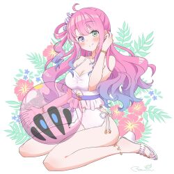 Rule 34 | 1girl, ahoge, alternate costume, anklet, armpit crease, ball, beachball, bracelet, breasts, closed mouth, commentary request, covered navel, earrings, eyelashes, feet, floral background, flower, full body, gradient hair, green eyes, hair ornament, hand up, hatanaka marie, heterochromia, highres, himemori luna, holding, hololive, jewelry, legs, long hair, medium breasts, multicolored hair, nail polish, necklace, on ground, one-piece swimsuit, one side up, pink hair, purple eyes, purple hair, purple nails, red flower, sandals, side-tie swimsuit, signature, sitting, smile, solo, stud earrings, sweatdrop, swimsuit, thighs, toenail polish, toenails, toes, virtual youtuber, wariza, white footwear, white one-piece swimsuit