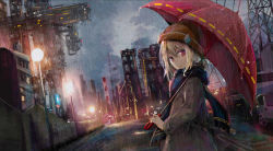 Rule 34 | 1girl, blonde hair, car, coat, commentary request, crane (machine), grey sky, hat, holding, holding umbrella, long sleeves, looking at viewer, looking back, motor vehicle, original, outdoors, rain, red eyes, scaffolding, scarf, shiina kuro, sky, solo, umbrella
