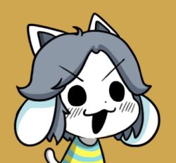 Rule 34 | &gt;:3, :3, bad id, bad pixiv id, black eyes, blush, brown background, chibi, extra ears, grey hair, gyate gyate, lowres, monster, open mouth, portrait, shirt, simple background, solo, striped clothes, striped shirt, tail, temmie, undertale, upper body, v-shaped eyebrows, yaruky