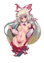 Rule 34 | 1girl, blush, bow, bowtie, breasts, clothes pull, detached collar, detached sleeves, fujiwara no mokou, gebijiade 89, hair bow, hair ornament, hair ribbon, long hair, long sleeves, looking at viewer, navel, nipples, panties, pants, pants pull, parted lips, red eyes, ribbon, silver hair, simple background, solo, topless, touhou, underwear, white background, wide hips