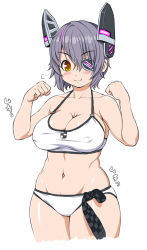 Rule 34 | &gt;:), 10s, 1girl, bikini, blush, breasts, cleavage, clenched hands, covered erect nipples, curvy, eyepatch, fang, fang out, female focus, flexing, headgear, kantai collection, large breasts, looking at viewer, navel, necktie, plump, purple hair, short hair, simple background, smile, solo, swimsuit, tenryuu (kancolle), tsuji santa, v-shaped eyebrows, white background, wide hips, yellow eyes