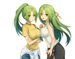 Rule 34 | 2girls, black skirt, blue pants, chinese commentary, closed mouth, clothes around waist, commentary request, crossed arms, eyes visible through hair, green eyes, green hair, hair intakes, hair ribbon, higurashi no naku koro ni, jacket, jacket around waist, jewelry, long hair, multiple girls, necklace, open mouth, pants, ponytail, ribbed sweater, ribbon, shirt, short sleeves, siblings, simple background, sisters, skirt, sleeveless, sonozaki mion, sonozaki shion, sweater, t-shirt, tsukasa439, turtleneck, turtleneck sweater, twins, white background, white jacket, white sweater, yellow ribbon, yellow shirt