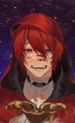 Rule 34 | 1boy, :d, black background, blood, blood on face, cloak, crying, crying with eyes open, dress shirt, fangs, hair between eyes, highres, hood, hood up, hooded cloak, ittoki otoya, looking at viewer, male focus, noroinoenojin, official alternate costume, open mouth, red cloak, red eyes, red hair, shirt, short hair, smile, snowing, solo, straight-on, tears, teeth, upper body, uta no prince-sama, white shirt