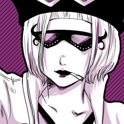 Rule 34 | 1girl, barudieru, belo betty, blunt bangs, bob cut, cigarette, close-up, closed mouth, collared shirt, commentary request, hat, limited palette, lipstick, lowres, makeup, necktie, one piece, purple background, shirt, short hair, solo, sunglasses, upper body