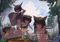 Rule 34 | &gt;o&lt;, 1boy, 3girls, all fours, animal ear fluff, animal ears, arm tattoo, arrow (projectile), basket, blush, body markings, breasts, brown shirt, cat ears, cat girl, cat tail, cleavage, closed eyes, cloud, cloudy sky, commentary, crop top, dagger, day, english commentary, facing viewer, fur-trimmed shirt, fur trim, hair ornament, hand up, highres, jewelry, knife, looking at object, looking down, lying, mont blanca, multiple girls, necklace, on back, open mouth, original, outdoors, parted lips, pelvic curtain, record, sheath, sheathed, shirt, short hair, skirt, sky, sleeveless, sleeveless shirt, small breasts, standing, strapless, tail, tattoo, tooth necklace, tree, tube top, voyager golden record, weapon, yellow eyes, yellow skirt
