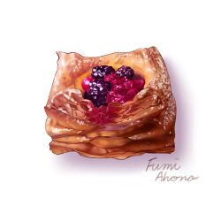 Rule 34 | aon968, artist name, blackberry (fruit), commentary request, danish pastry, food, food focus, fruit, no humans, original, pastry, raspberry, realistic, signature, simple background, still life, white background