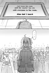 Rule 34 | ..., 1girl, 6+boys, absurdres, ahoge, bare pectorals, bedivere (fate), blank eyes, blush, breasts, cape, comic, commentary, covering face, english text, fate/grand order, fate (series), flying sweatdrops, formal, fujimaru ritsuka (female), gloves, greyscale, hat, highres, hood, hoodie, kulissara-aung, large breasts, messy hair, miniskirt, monochrome, multiple boys, multiple persona, one side up, open clothes, open hoodie, pectorals, prosthesis, prosthetic arm, shaded face, skirt, spoken ellipsis, sweat