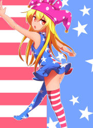 Rule 34 | 1girl, :o, alternate legwear, american flag dress, american flag legwear, ass, asymmetrical legwear, blonde hair, clownpiece, dress, hair between eyes, hat, highres, jester cap, long hair, looking back, mismatched legwear, open mouth, outstretched arm, red eyes, sleeveless, sleeveless dress, solo, striped clothes, striped dress, tan, thighhighs, touhou, walking, yocchi (tenyunkel)