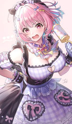 Rule 34 | 1girl, absurdres, ahoge, blue hair, breasts, cleavage, cleavage cutout, clothing cutout, cowboy shot, dress, earrings, fang, frills, gloves, hair ornament, hand on own hip, headband, highres, holding, idolmaster, idolmaster cinderella girls, jewelry, lace, lace-trimmed dress, lace trim, large breasts, looking at viewer, mairo, multicolored hair, official alternate costume, open mouth, piercing, pink eyes, pink hair, plaid, plaid dress, puffy sleeves, rattle, short hair, short sleeves, signature, simple background, skin fang, solo, two-tone hair, white gloves, yumemi riamu