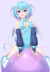 Rule 34 | 1girl, aqua hair, aqua leotard, ball, bare shoulders, belt collar, breasts, bridal gauntlets, cleavage cutout, clothing cutout, collar, colored tips, covered navel, detached sleeves, exercise ball, head wings, highres, leotard, medium breasts, multicolored hair, original, purple eyes, purple hair, sakyua (sasaame), sasaame, short hair, solo, straddling, thighhighs, white thighhighs, wings