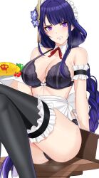 Rule 34 | 1girl, alternate costume, apron, arm strap, bare shoulders, black panties, black thighhighs, blush, braid, breasts, cleavage, detached collar, feet out of frame, food, genshin impact, hair ornament, highres, large breasts, legs, long hair, looking at viewer, low-braided long hair, low-tied long hair, maid headdress, mole, mole under eye, noise paper, omelet, omurice, panties, parted lips, purple eyes, purple hair, raiden shogun, simple background, sitting, solo, teeth, thighhighs, thighs, underwear, white apron, white background