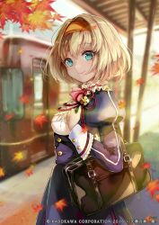 Rule 34 | 1girl, aqua eyes, autumn leaves, bag, blonde hair, breasts, commentary, copyright name, day, detached sleeves, dress, hairband, holding, leaf, long sleeves, looking at viewer, medium breasts, outdoors, pisuke, puffy sleeves, short dress, short hair, solo, tenka hyakken, train, train station