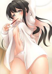 Rule 34 | 1girl, absurdres, black hair, breasts, collared shirt, colored inner hair, cowboy shot, dress shirt, from below, grey eyes, highres, kantai collection, large breasts, long hair, looking at viewer, makura (y makura), mouth hold, multicolored hair, naganami (kancolle), naked shirt, open clothes, open shirt, panties, pink hair, shirt, solo, toothbrush, two-tone hair, underwear, white panties, white shirt
