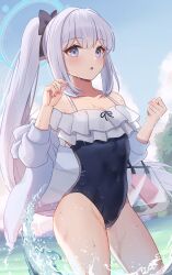 Rule 34 | 1girl, absurdres, bare legs, black one-piece swimsuit, blue archive, blush, breasts, collarbone, covered navel, cowboy shot, fingernails, frilled one-piece swimsuit, frills, grey hair, highres, jacket, long hair, long sleeves, miyako (blue archive), miyako (swimsuit) (blue archive), natsume (natsume melio), official alternate costume, one-piece swimsuit, open clothes, open jacket, open mouth, ponytail, purple eyes, small breasts, solo, swimsuit, water, wet
