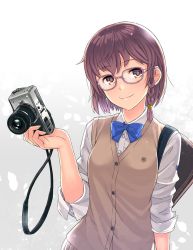 Rule 34 | 1girl, android girl (itou), bag, blue bow, blue bowtie, bow, bowtie, braid, camera, closed mouth, collared shirt, commentary request, contrapposto, glasses, highres, holding, holding camera, itou (onsoku tassha), long sleeves, looking at viewer, original, purple-framed eyewear, purple eyes, purple hair, shirt, shoulder bag, smile, solo, upper body, vest, white shirt, wing collar