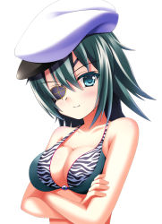 Rule 34 | 10s, 1girl, alternate costume, animal print, bikini, blue eyes, blush, breasts, cleavage, closed mouth, collarbone, crossed arms, eyebrows, eyepatch, green hair, hair between eyes, hat, highres, kantai collection, karin (rei862), kiso (kancolle), large breasts, looking at viewer, short hair, smile, solo, strap gap, swimsuit, upper body, white hat, zebra print