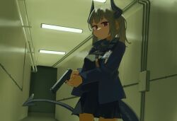 Rule 34 | 1girl, arknights, black skirt, black sweater, blue jacket, breasts, ceiling light, closed mouth, cowboy shot, dragon girl, dragon horns, dragon tail, grey hair, gun, hallway, highres, hinami047, holding, holding gun, holding weapon, horns, indoors, jacket, liskarm (arknights), long hair, long sleeves, looking at viewer, medium breasts, miniskirt, open clothes, open jacket, ponytail, red eyes, sidelocks, skirt, solo, sweater, tail, weapon