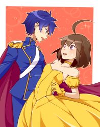 Rule 34 | 2girls, ahoge, androgynous, arm around waist, bare shoulders, blazblue, blazblue: cross tag battle, blue eyes, blue hair, blush, breasts, brown hair, cape, choker, commentary, crossdressing, crossover, dancing, detached sleeves, dress, english commentary, epaulettes, eye contact, gloves, grey eyes, highres, huge ahoge, linne, long dress, looking at another, lyn (shunao), military, military uniform, multiple girls, persona, persona 4, puffy short sleeves, puffy sleeves, purple eyes, reverse trap, sash, shirogane naoto, short hair, short sleeves, small breasts, sparkle background, strapless, strapless dress, sweatdrop, torso grab, under night in-birth, uniform, yellow choker, yellow dress, yellow gloves, yuri