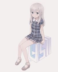 Rule 34 | 1girl, blue eyes, blush, buttons, character name, dress, frilled dress, frills, grey hair, kantai collection, kokudou juunigou, long hair, open mouth, plaid, plaid dress, sandals, short sleeves, signature, simple background, sitting, smile, solo, toes, u-511 (kancolle), wedge heels, white background