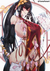 Rule 34 | 1girl, absurdres, anal beads, ass juice, ass juice string, azur lane, black hair, breasts, breasts apart, breasts out, bridal gauntlets, catheter, censored, clitoris leash, clitoris piercing, clothing cutout, condom, condom belt, condom in clothes, condom left inside, crotch cutout, cum, cum in bladder, cum in container, cum in mouth, cum in nose, cum on body, cum on clothes, cum on upper body, cum string, cup, gokkun, highres, huge breasts, leash, looking at viewer, mosaic censoring, mug, navel cutout, nipple penetration, nipple piercing, nipple rings, panties, piercing, pubic stubble, pussy, pussy peek, pussy piercing, sex toy, sex toy pull, side-tie panties, solo, standing, steam, stray pubic hair, sweat, tabard, taihou (azur lane), thick thighs, thighhighs, thighs, tomodachi (tomofanart), twintails, underwear, urethral insertion, used condom