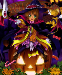 Rule 34 | 1990s (style), 1girl, ankle boots, bloomers, blue hat, boots, brown hair, candy, candy cane, cardcaptor sakura, child, chocolate, eating, flower, food, fuuin no tsue, gloves, glowing, green eyes, halloween, hat, jack-o&#039;-lantern, jelly bean, kero (cardcaptor sakura), kinomoto sakura, kodansha, magical girl, mutsuki (moonknives), night, open mouth, pumpkin, purple bloomers, retro artstyle, short hair, sitting, solo, staff, underwear, white gloves, witch hat