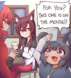 Rule 34 | 3girls, animal ears, blue bow, bow, brown hair, capelet, cloak, closed mouth, cup, dress, grey capelet, grey hair, hair between eyes, hair bow, holding, holding cup, imaizumi kagerou, jewelry, long hair, long sleeves, mouse ears, multiple girls, nazrin, open mouth, pendant, pun, red cloak, red dress, red eyes, red hair, sekibanki, short hair, speech bubble, touhou, white dress, wolf ears, wool (miwol)