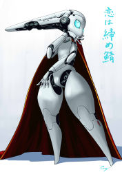 Rule 34 | 1girl, blue eyes, cape, cony (la locura), drossel von flugel, female focus, fireball (series), full body, gradient background, hand on own face, head tilt, highres, joints, looking at viewer, red cape, robot, robot joints, signature, simple background, solo, standing, translation request, white background