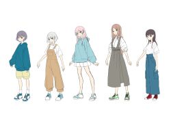 Rule 34 | 5girls, absurdres, bang dream!, bang dream! it&#039;s mygo!!!!!, bare legs, blue eyes, blue footwear, blue hoodie, blue pants, brown hair, brown overalls, chihaya anon, closed mouth, commentary request, dress, full body, grey dress, grey eyes, grey hair, highres, hood, hoodie, kaname raana, long hair, long sleeves, looking at viewer, mole, mole under eye, multiple girls, mygo!!!!! (bang dream!), nagasaki soyo, overalls, pants, pinafore dress, pink hair, pleated skirt, purple eyes, red eyes, red footwear, shiina taki, shirt, shoes, short hair, short sleeves, shorts, shu atelier, simple background, skirt, sleeveless, sleeveless dress, sleeves past wrists, sleeves rolled up, smile, sneakers, takamatsu tomori, white background, white hair, white shirt, white skirt, yellow shorts