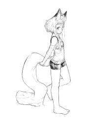 Rule 34 | 1girl, ahoge, animal ear fluff, animal ears, barefoot, bike shorts, fox ears, fox girl (jaco), fox tail, from side, full body, greyscale, holding tail, jaco, leg up, long hair, looking at viewer, monochrome, original, see-through, shirt, short hair with long locks, short shorts, shorts, sidelocks, simple background, smile, solo, standing, standing on one leg, tail, thick eyebrows, white background
