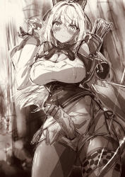 Rule 34 | 1girl, absurdres, arrow (projectile), bar censor, bow, breasts, censored, closed mouth, erection, futanari, gloves, hair bow, highres, holding, holding mushroom, hololive, large breasts, long hair, monochrome, mushroom, penis, ponytail, quiver, shiranui flare, shiranui flare (old design), sketch, solo, standing, virtual youtuber, wakaba 0922