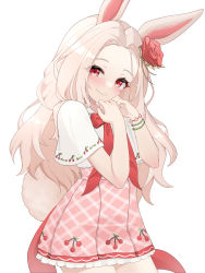 Rule 34 | 1girl, animal ears, brokan715, brown hair, commission, dress, flower, forehead, hair flower, hair ornament, hand to own mouth, highres, long hair, looking at viewer, mole, mole under eye, original, pink dress, rabbit ears, rabbit girl, rabbit tail, red eyes, rose, shirt, short sleeves, smile, solo, tail, white shirt