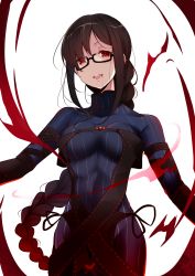 Rule 34 | absurdres, arm ribbon, black ribbon, blood, blood from mouth, blood on face, braid, braided ponytail, cowboy shot, dress, ear piercing, earrings, fate/grand order, fate (series), glasses, highres, jewelry, kujou ichiso, long hair, looking at viewer, looking down, piercing, red eyes, ribbon, simple background, single braid, smile, solo, standing, strapless, strapless dress, tagme, very long hair, white background, yu mei-ren (fate), yu mei-ren (first ascension) (fate)
