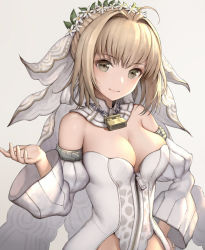 Rule 34 | 10s, 1girl, ahoge, animal print, bad id, bad nicoseiga id, bare shoulders, blonde hair, blush, breasts, bridal veil, chain, cleavage, closed mouth, detached collar, detached sleeves, fate/extra, fate/extra ccc, fate/grand order, fate (series), flower, flower wreath, full-length zipper, grey background, grey eyes, hair intakes, hair ribbon, hand on own hip, hand up, head tilt, head wreath, hisahisahisahisa, large breasts, leopard print, leotard, light smile, lock, looking at viewer, nero claudius (bride) (fate), nero claudius (bride) (second ascension) (fate), nero claudius (fate), nero claudius (fate) (all), padlock, puffy sleeves, revision, ribbon, short hair with long locks, showgirl skirt, sidelocks, simple background, skirt, smile, solo, standing, strapless, strapless leotard, turtleneck, veil, white flower, white leotard, white ribbon, wide sleeves, zipper, zipper pull tab