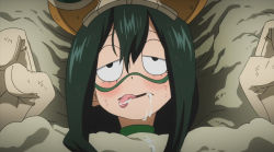 Rule 34 | 10s, 1girl, asui tsuyu, blush, boku no hero academia, frog girl, gloves, half-closed eyes, highres, lying, on back, restrained, rolling eyes, saliva, screencap, sexually suggestive, solo, tongue, tongue out