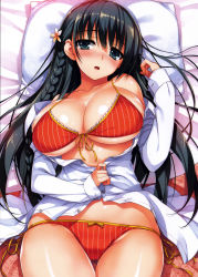 Rule 34 | 1girl, absurdres, bed, black hair, blue eyes, blush, bow, bow panties, bra, braid, breasts, cleavage, collarbone, flower, front-tie top, hair flower, hair ornament, highres, large breasts, long hair, lying, off shoulder, on back, open mouth, panties, pillow, shirt, side-tie panties, single braid, solo, striped, tomose shunsaku, underwear, vertical stripes, white shirt