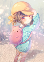 Rule 34 | 1girl, absurdres, animal bag, arm up, backpack, bag, bear bag, blue shirt, blush, bow, brown hair, brown hat, cabbie hat, child, closed mouth, collared shirt, commentary request, frilled shirt collar, frills, from behind, hand on headwear, hat, highres, holding, holding clothes, holding hat, long sleeves, looking at viewer, looking back, moeno uni, original, outdoors, pavement, pink thighhighs, ponytail, red eyes, shirt, sidelocks, solo, standing, striped clothes, striped thighhighs, thighhighs, white thighhighs, yellow bow