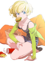 Rule 34 | 1girl, bare legs, blonde hair, blue eyes, camisole, collarbone, drink, food, food in mouth, french fries, burger, highres, off shoulder, original, pillow, short hair, shorts, silversnow, solo