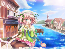Rule 34 | 1girl, bad id, bad pixiv id, balcony, blue flower, blue sky, blush, breasts, brown pantyhose, building, cloud, commentary request, day, dress, eating, feet out of frame, fence, flower, food, green dress, green eyes, hair between eyes, hizukiryou, ice cream, lake, looking afar, medium breasts, medium hair, mountainous horizon, open mouth, original, outdoors, pantyhose, pier, pink hair, pink skirt, plant, potted plant, red flower, river, sitting, skirt, sky, solo, sparkle, two side up, water, weather vane, window, yellow flower