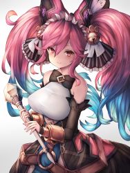 Rule 34 | &gt;:), 1girl, arm guards, armor, bare shoulders, bell, black bow, black bowtie, black skirt, blue hair, bow, bowtie, breasts, cleo (dragalia lost), closed mouth, cowboy shot, detached sleeves, dragalia lost, faulds, frills, gradient hair, hair bell, hair between eyes, hair ornament, headgear, high-waist skirt, highres, holding, holding staff, jingle bell, large breasts, long hair, long sleeves, maid headdress, multicolored hair, o-ring, pink eyes, pink hair, sidelocks, simple background, skirt, smile, snm (sunimi), solo, staff, twintails, very long hair, white background