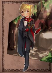 Rule 34 | black footwear, black pants, black suit, black vest, blonde hair, blurry, blurry background, blush, bow, bowtie, brown background, cape, character request, check character, clenched hand, eidlanza esepharos, formal, gloves, indoors, kuroboshi mozuku, looking at viewer, pants, pixiv fantasia, pixiv fantasia last saga, red bow, red bowtie, red gloves, shoes, smile, suit, vest, watch fob