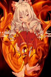 Rule 34 | 1girl, absurdres, barefoot, bone, burning, crossed ankles, artistic error, fire, fujiwara no mokou, full body, grey hair, hair between eyes, hand on own cheek, hand on own face, hand up, highres, long hair, looking at viewer, mizoreshi, pants, red eyes, red pants, shirt, solo, suspenders, toes, torn clothes, touhou, tsurime, very long hair, white shirt, wrong foot