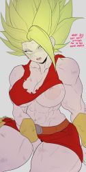Rule 34 | abs, belt buckle, breasts, bruise, buckle, collarbone, commentary, dragon ball, dragon ball super, earrings, english commentary, green hair, highres, injury, jewelry, kale (dragon ball), large breasts, muscular, muscular female, no pupils, noblood (ryandomonica), red skirt, skirt, super saiyan, thick thighs, thighs, torn clothes, veins